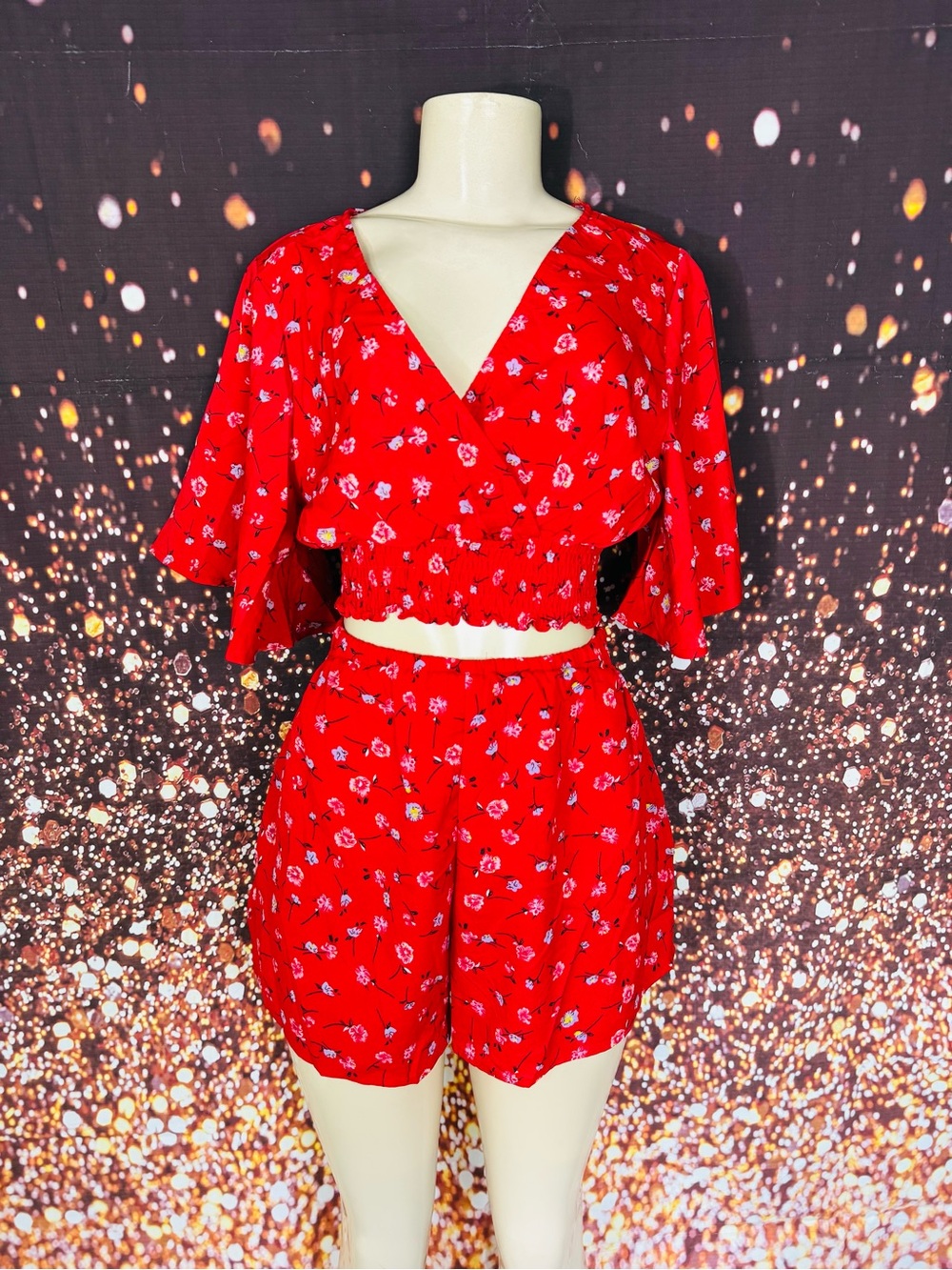 Red Floral High-Waist Drawstring Shorts